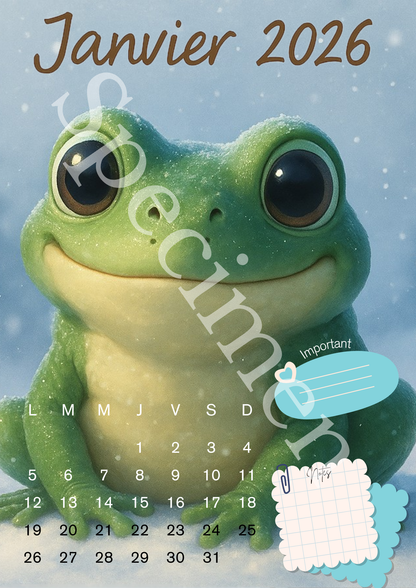 🗓️ Calendrier 2026 Grenouille – Illustrations Mignonnes et Colorées 🐸