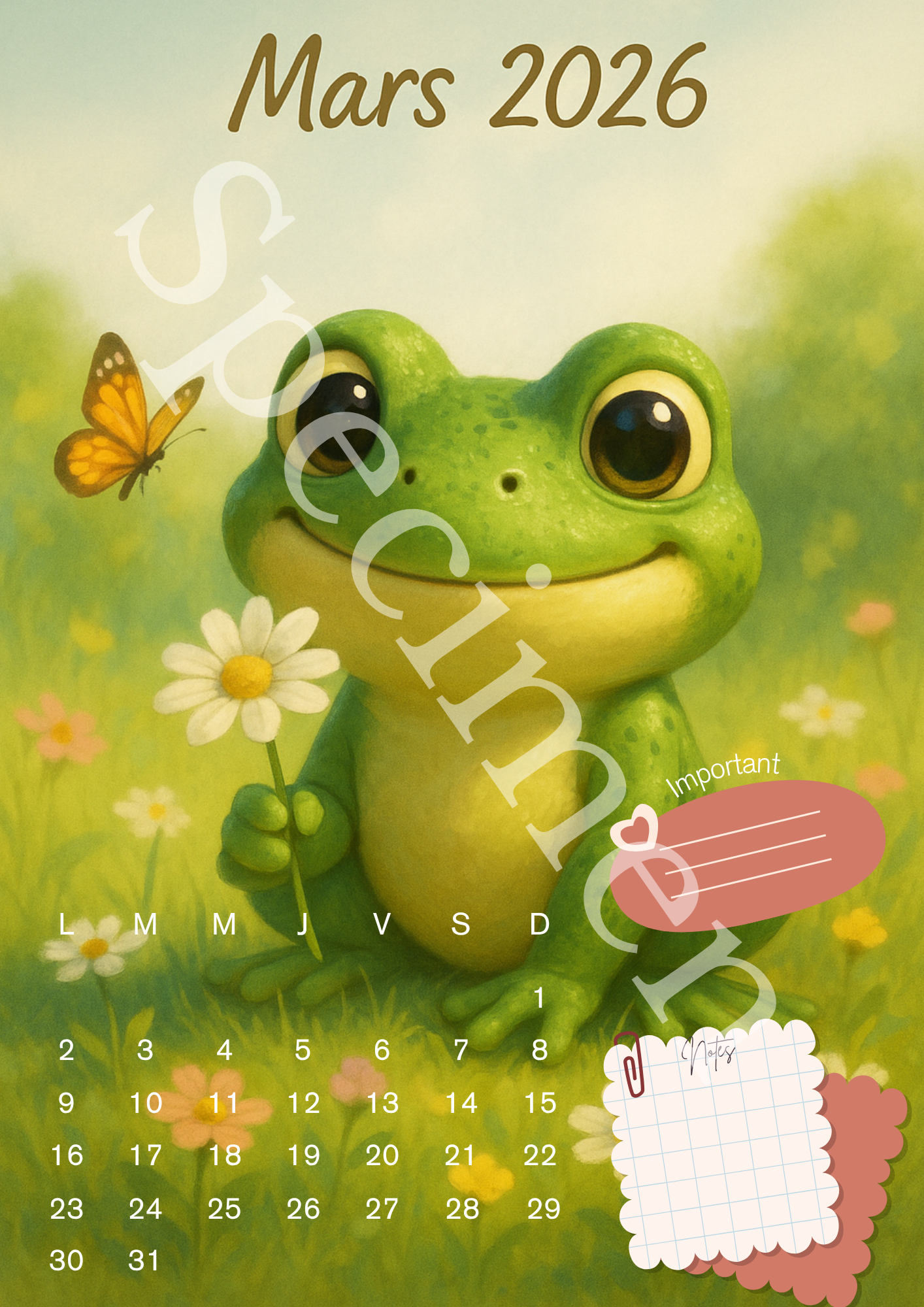 🗓️ Calendrier 2026 Grenouille – Illustrations Mignonnes et Colorées 🐸