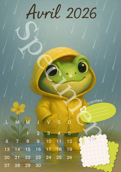 🗓️ Calendrier 2026 Grenouille – Illustrations Mignonnes et Colorées 🐸