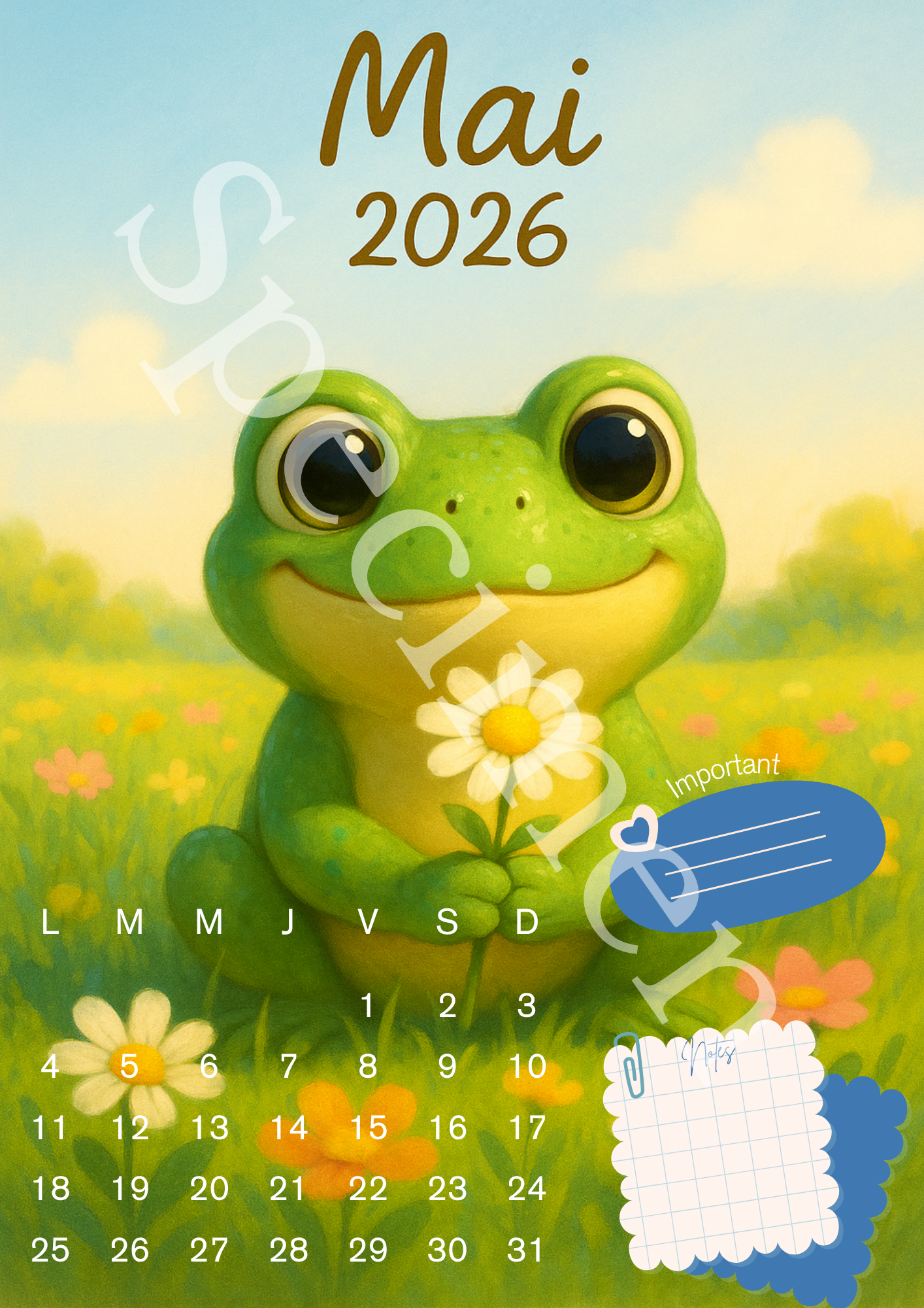 🗓️ Calendrier 2026 Grenouille – Illustrations Mignonnes et Colorées 🐸