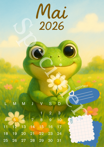 🗓️ Calendrier 2026 Grenouille – Illustrations Mignonnes et Colorées 🐸