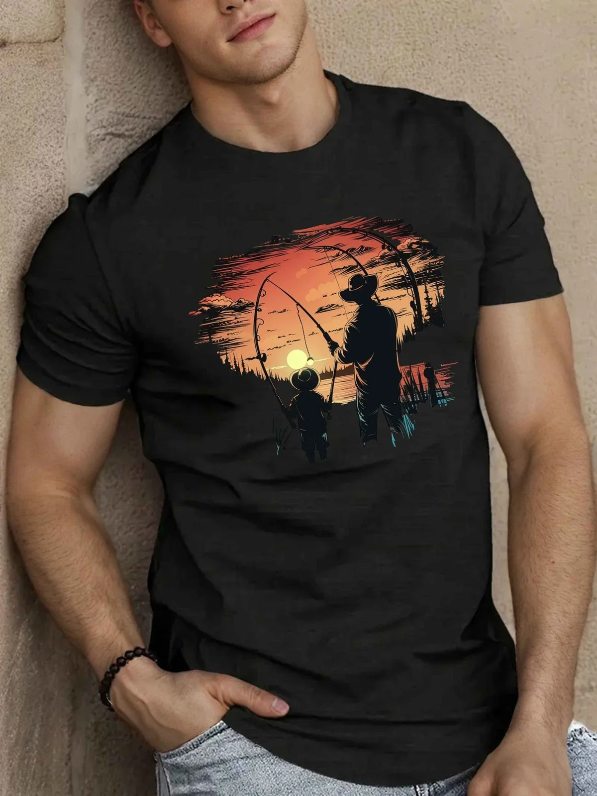 T-shirt Homme – Pêche Père & Fils au Coucher du Soleil 🎣🌅