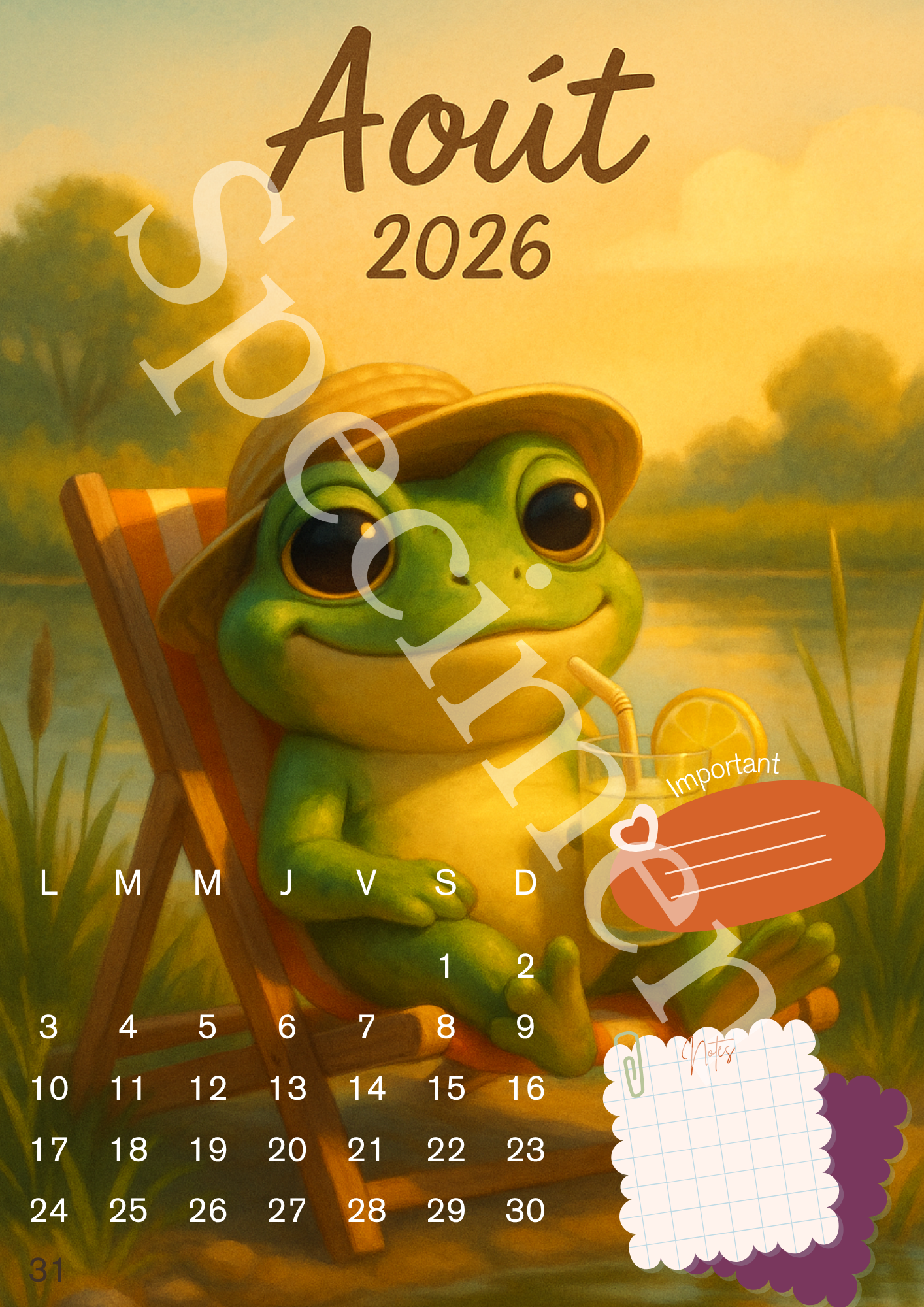 🗓️ Calendrier 2026 Grenouille – Illustrations Mignonnes et Colorées 🐸
