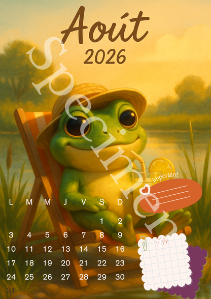 🗓️ Calendrier 2026 Grenouille – Illustrations Mignonnes et Colorées 🐸