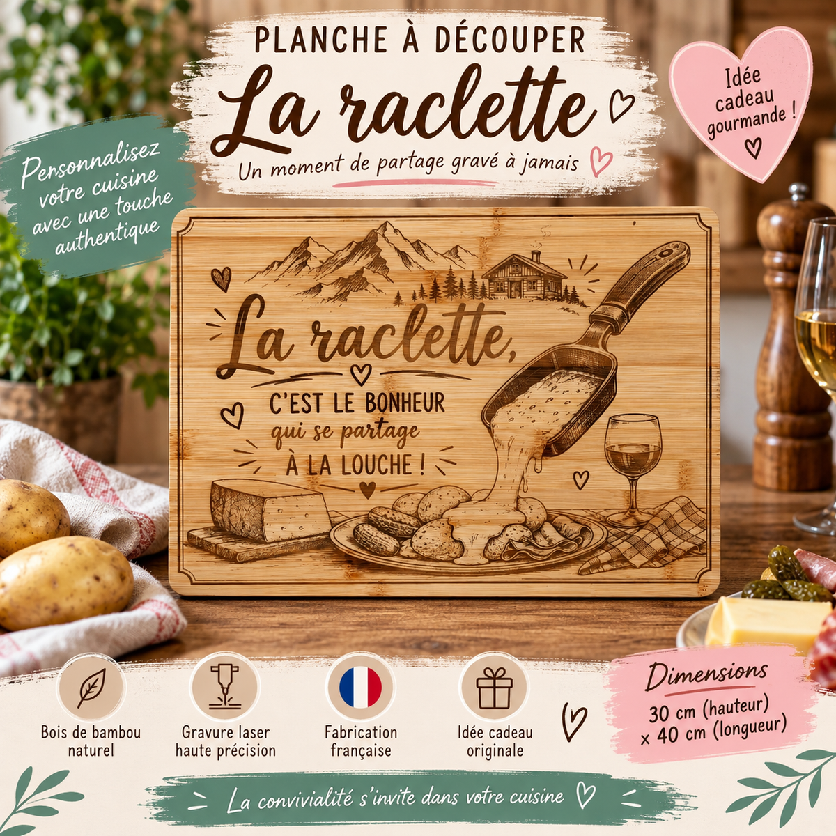 Planche Raclette – Le bonheur qui se partage – 30 × 40 cm