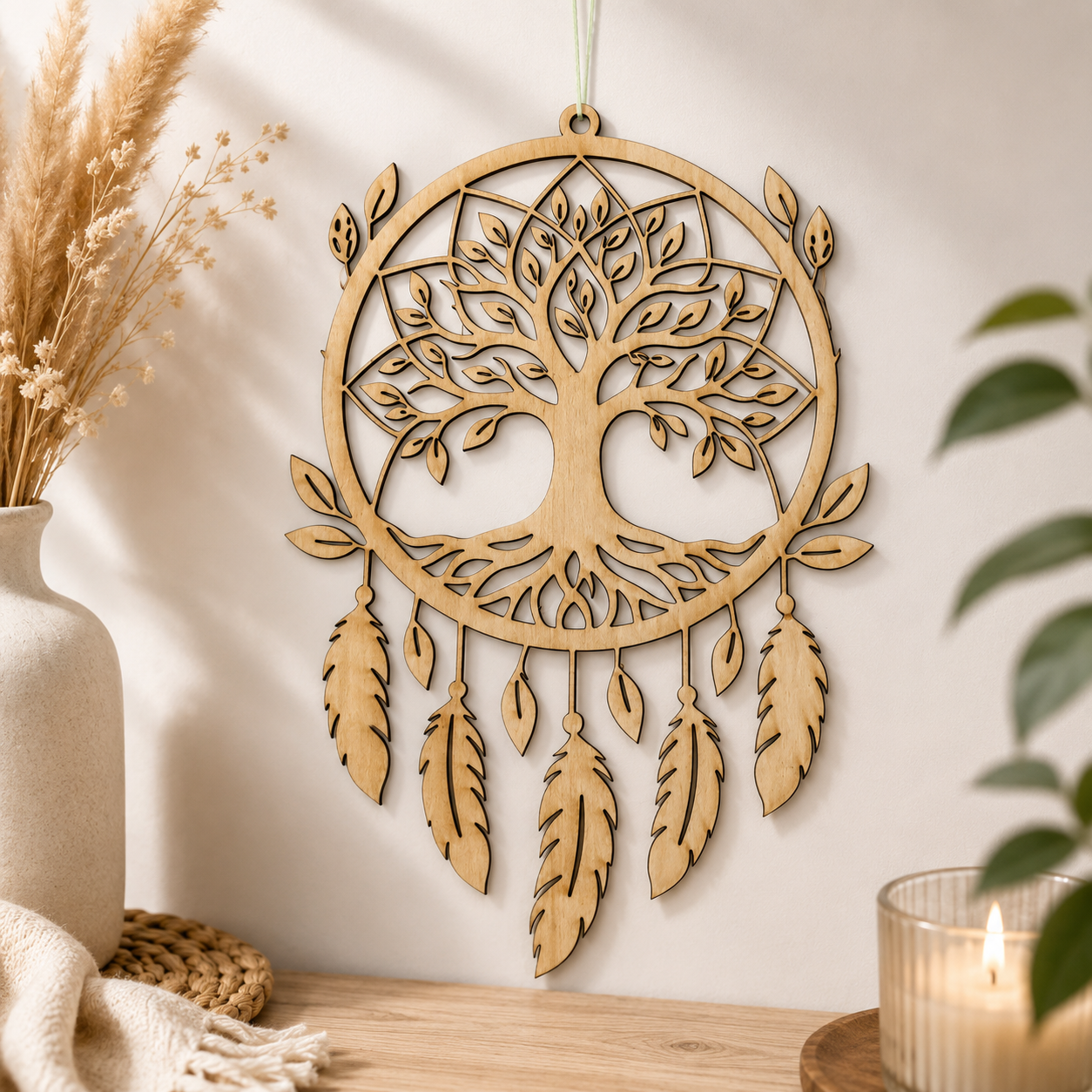 Attrape-rêves en bois découpé au laser – Décoration murale