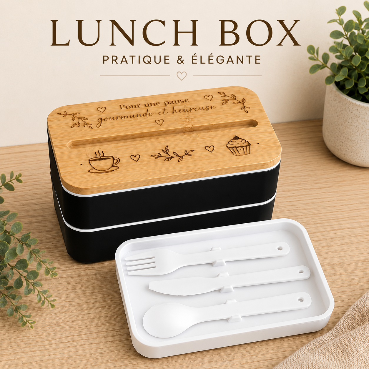 Lunch Box 2 étages personnalisable – 800 ml – Blanc ou Noir
