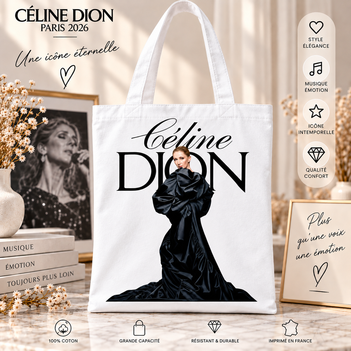Tote Bag Céline Dion – Modèle 3 – Blanc