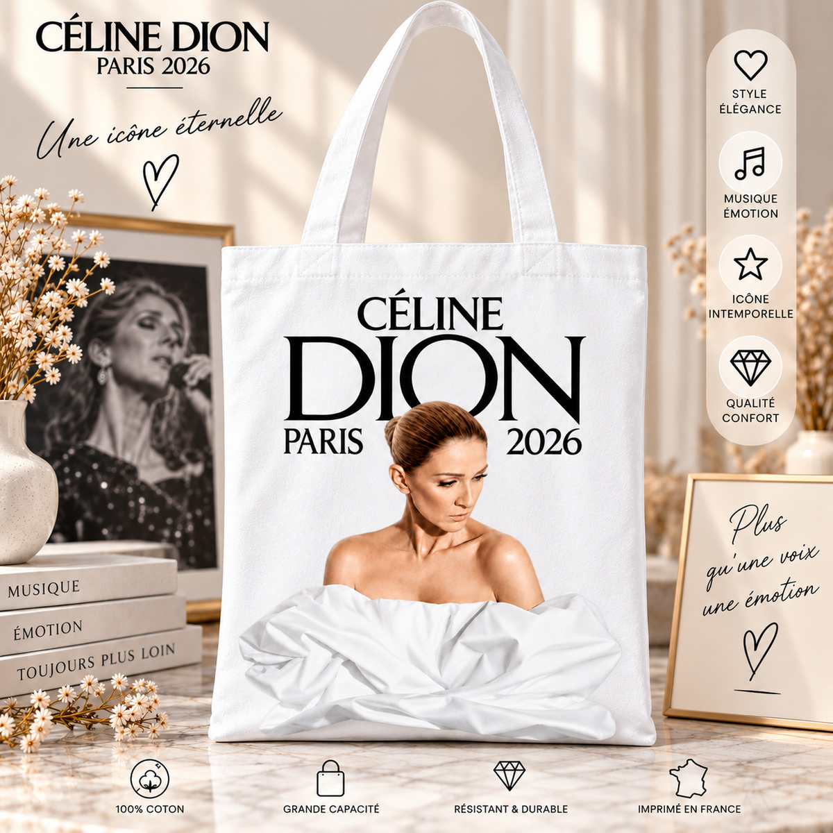 Tote Bag Céline Dion – Modèle 1 – Blanc