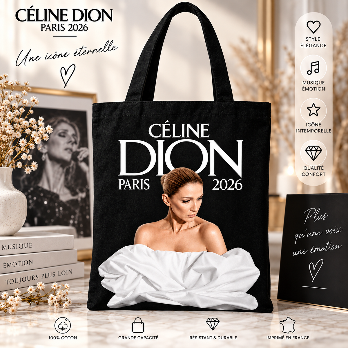 Tote Bag Céline Dion – Modèle 4 – Noir