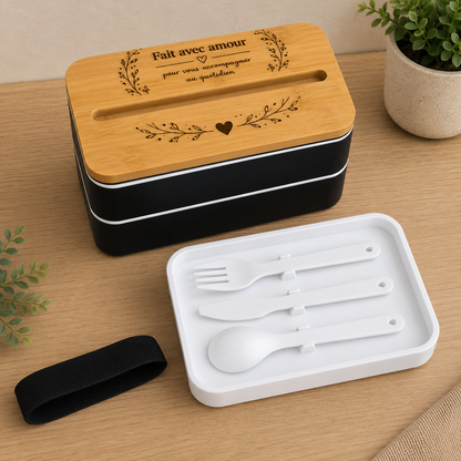 Lunch Box 2 étages personnalisable – 800 ml – Blanc ou Noir fais avec amour