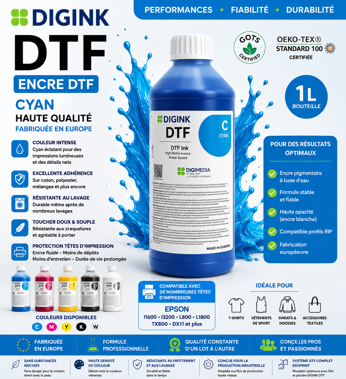 Pack Encres DTF DIGINK 6 L – CMJN + 2 Blancs – Haute qualité