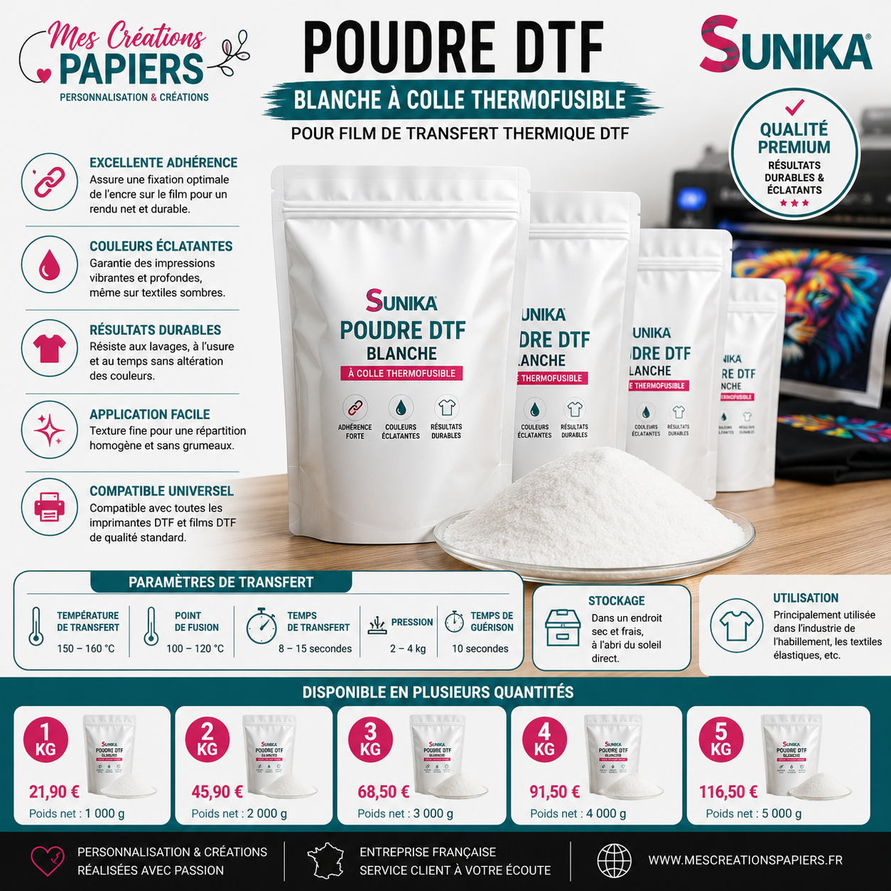 Poudre DTF Premium blanche – Colle thermofusible