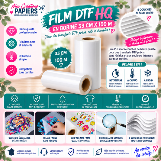 Film DTF HQ Premium en Bobine 33 cm × 100 m – Pelage 3 en 1