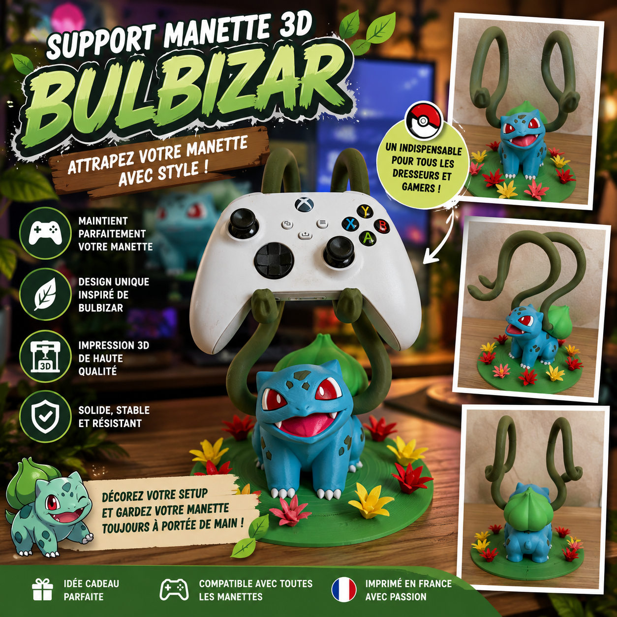🎮 Support Manette Bulbizarre – Impression 3D
