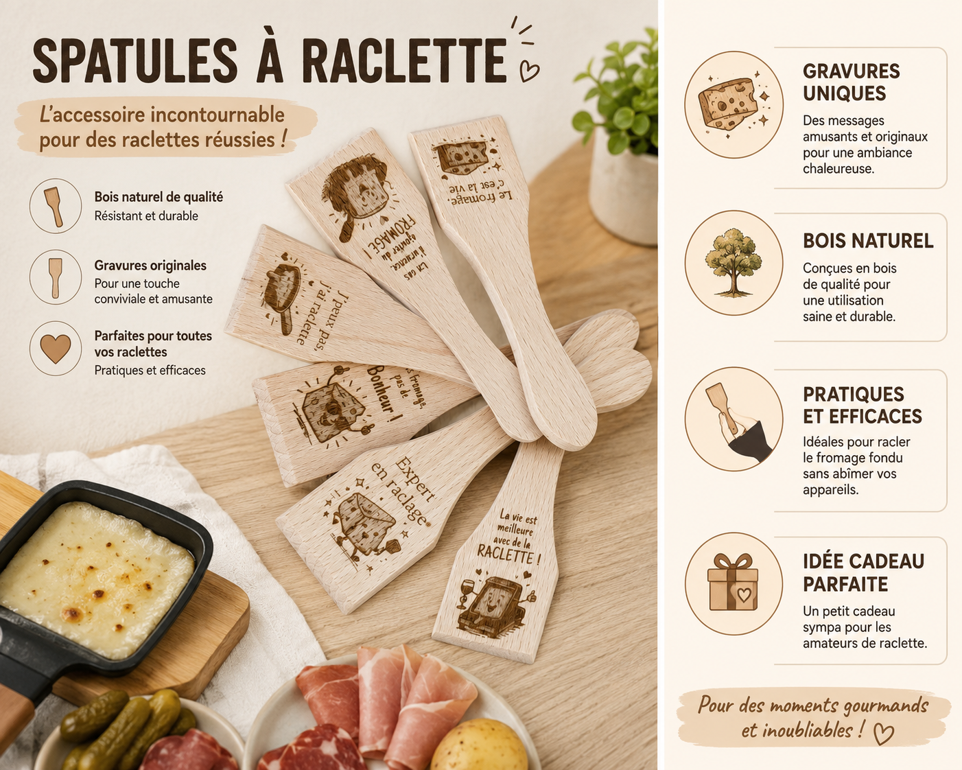 Lot de spatules à raclette en bois gravées – Collection gourmande