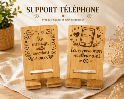 Support de téléphone en bambou gravé