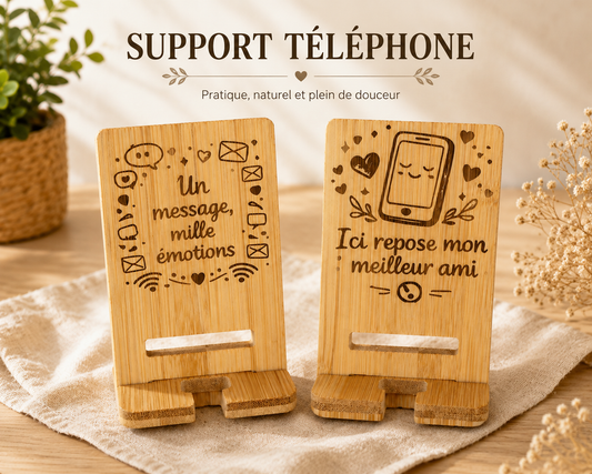 Support de téléphone en bambou gravé