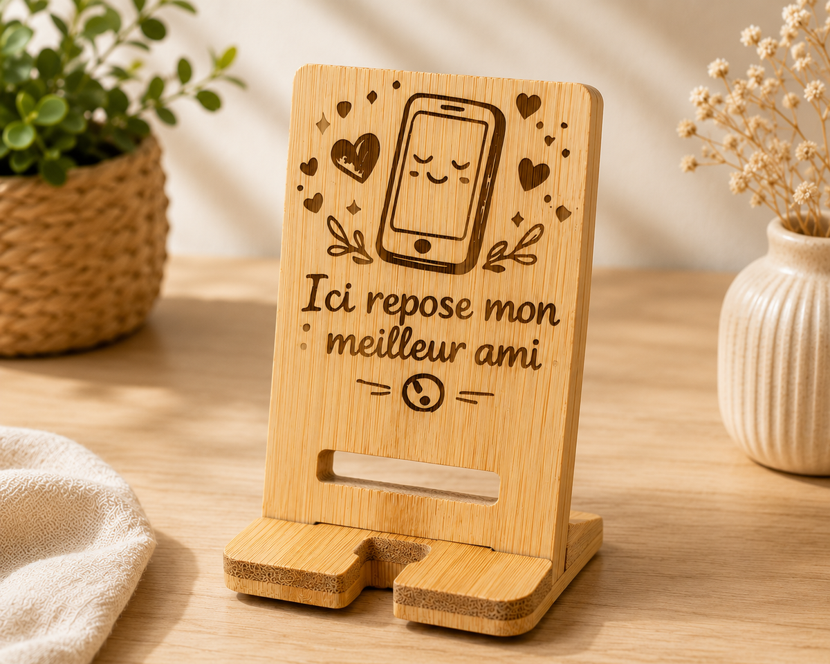 Support de téléphone en bambou gravé