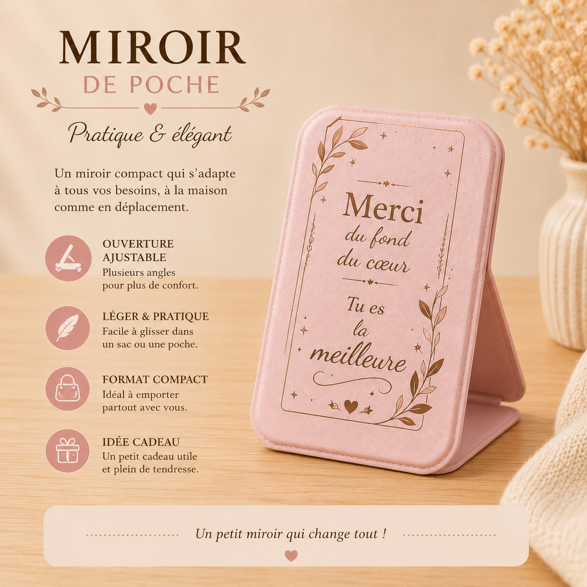 Miroir de poche « Merci du fond du cœur, tu es la meilleure »