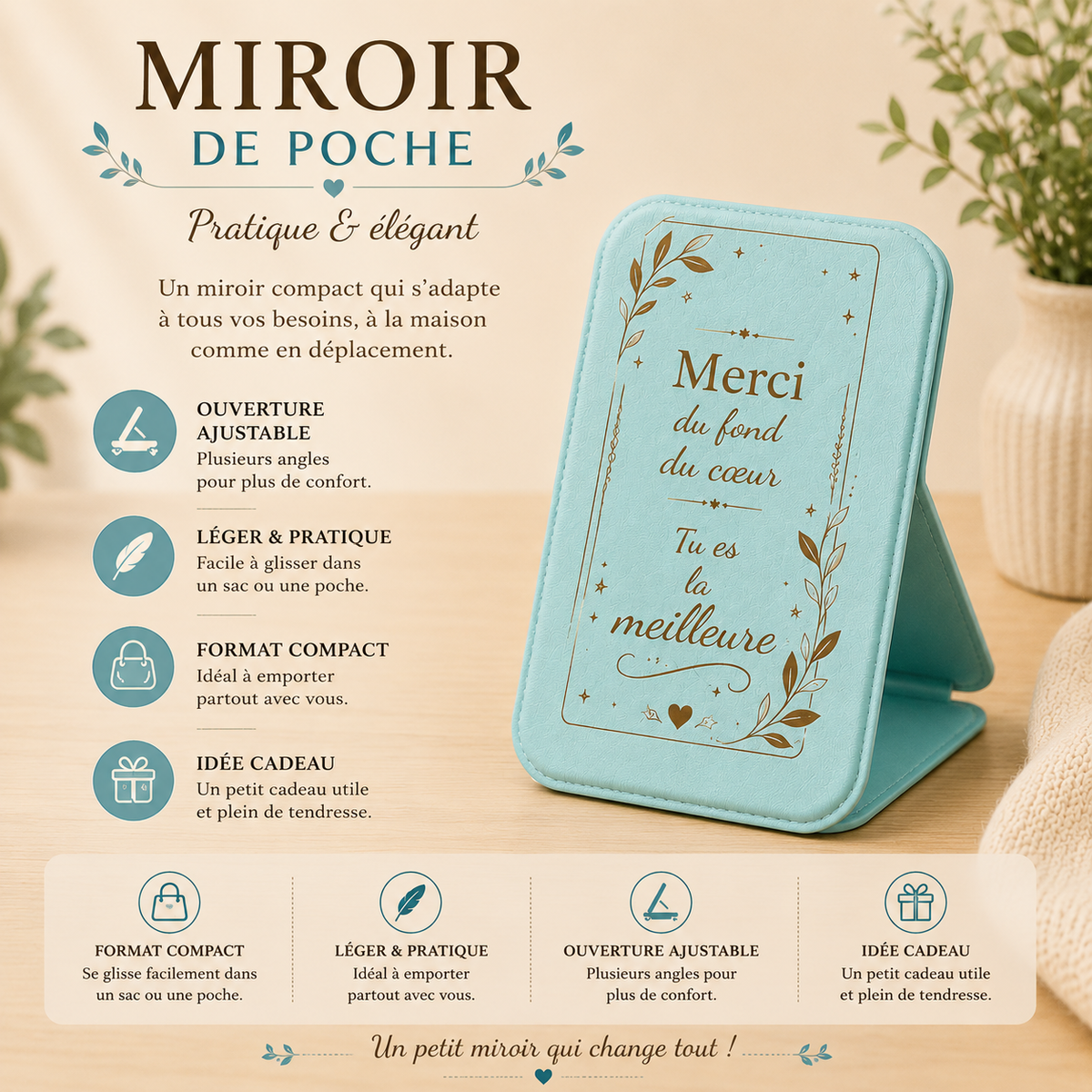 Miroir de poche « Merci du fond du cœur, tu es la meilleure »