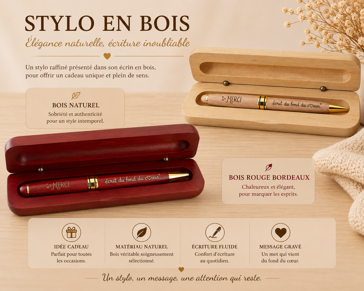 Coffret stylo en bois gravé « Merci, écrit du fond du cœur »