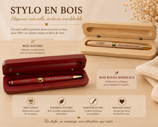 Coffret stylo en bois gravé « Merci, écrit du fond du cœur »