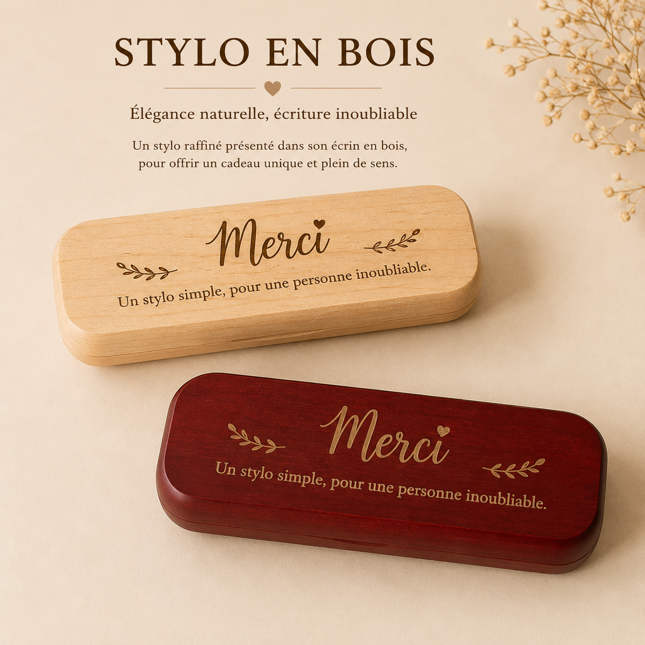 Coffret stylo en bois gravé « Merci, écrit du fond du cœur »