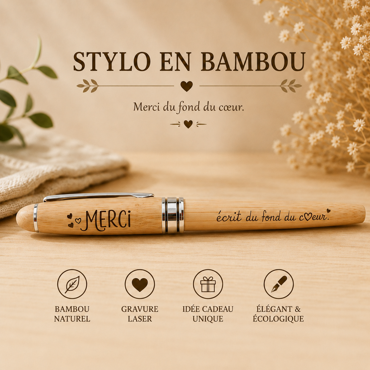 Stylo en bambou gravé « Merci, écrit du fond du cœur »