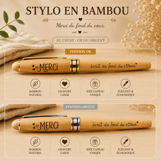 Stylo en bambou gravé « Merci, écrit du fond du cœur »