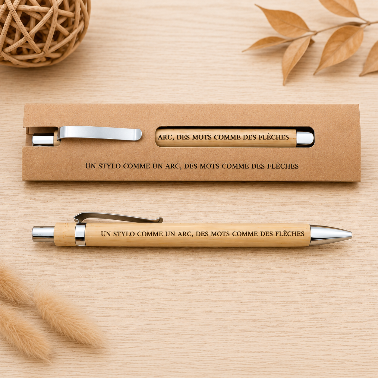 ✨ Stylo en Bambou tir a l'arc & Étui Kraft Personnalisé