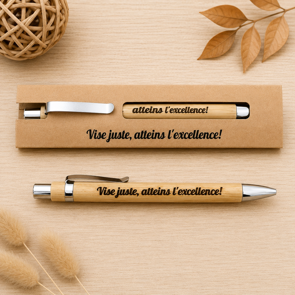 ✨ Stylo en Bambou tir a l'arc & Étui Kraft Personnalisé