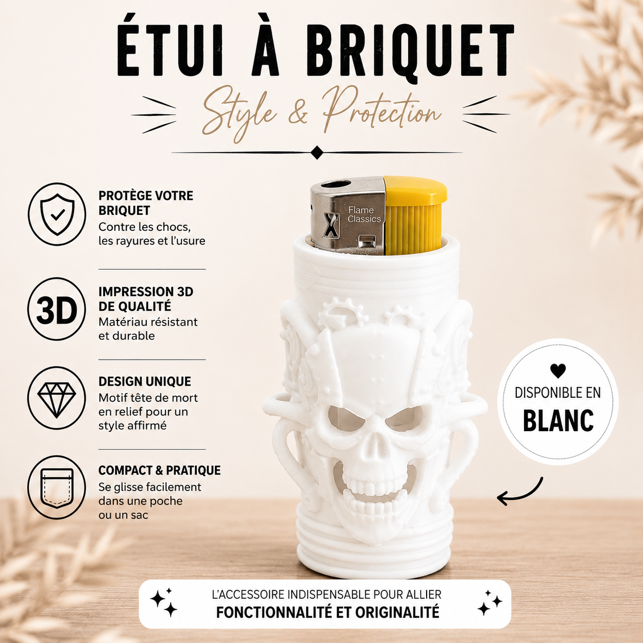 Étui de Briquet Original avec briquet – Impression 3D Crâne / tête de mort