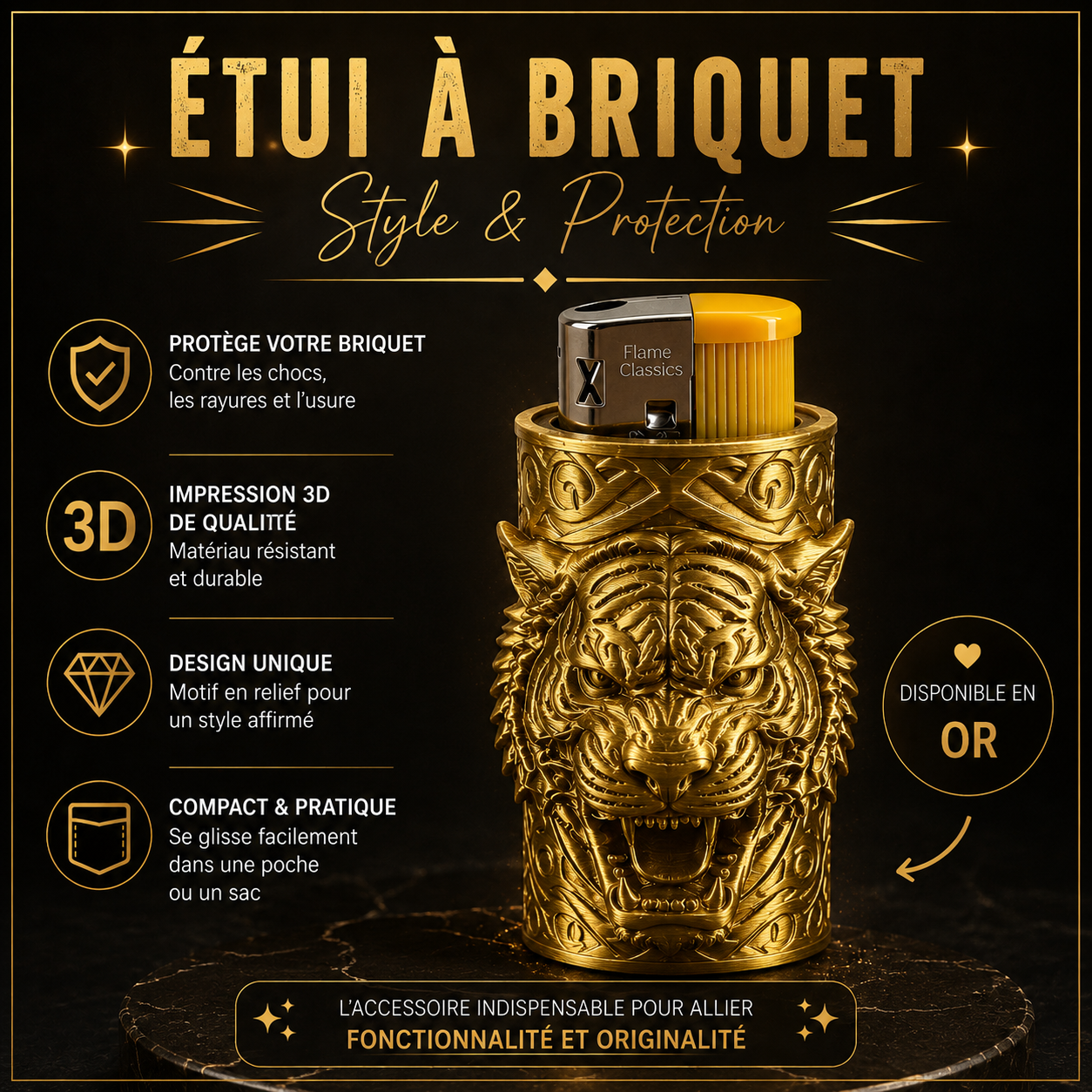 Étui de Briquet Original avec briquet – Impression 3D Tigre