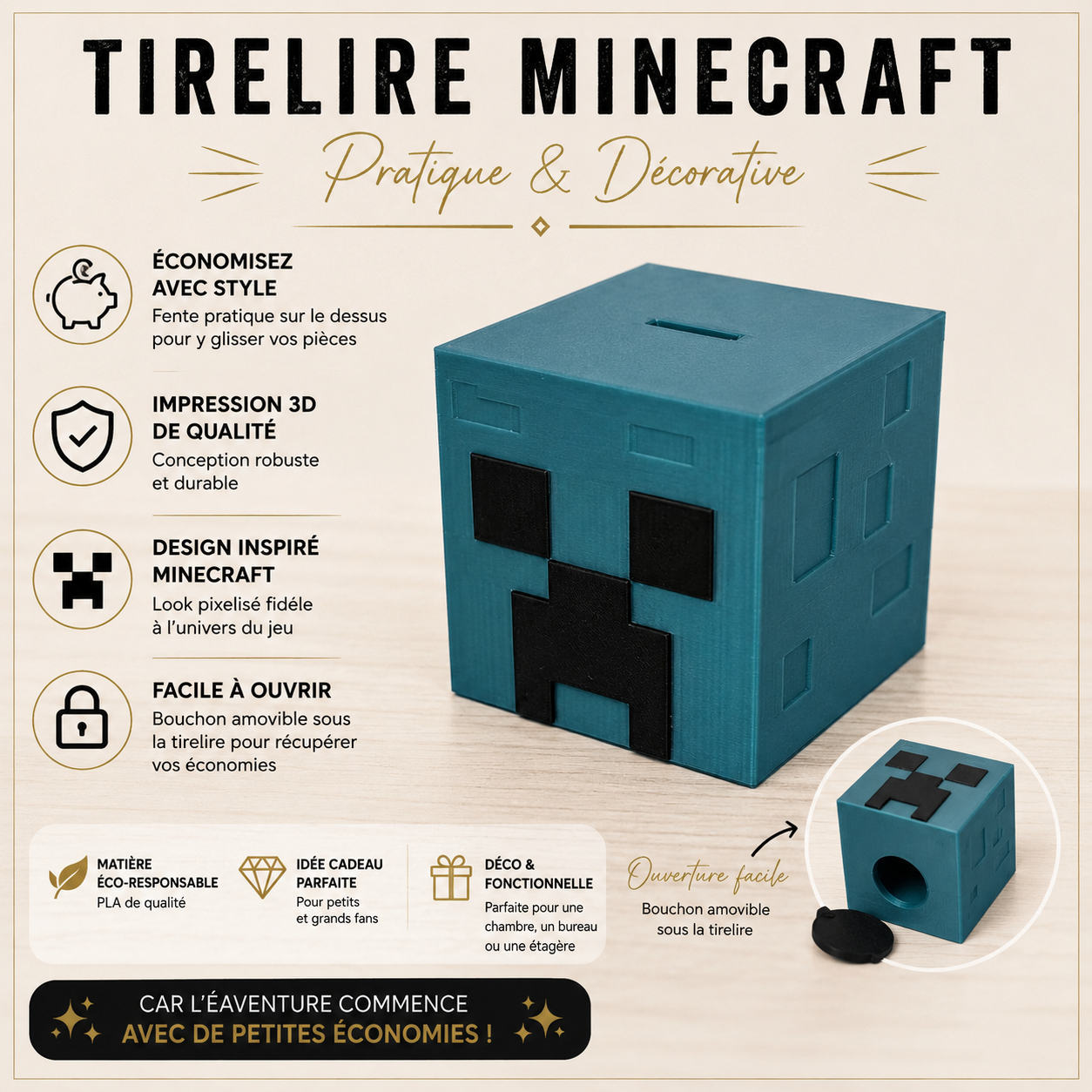 Tirelire Creeper – Boîte à monnaie style jeu vidéo (Impression 3D)