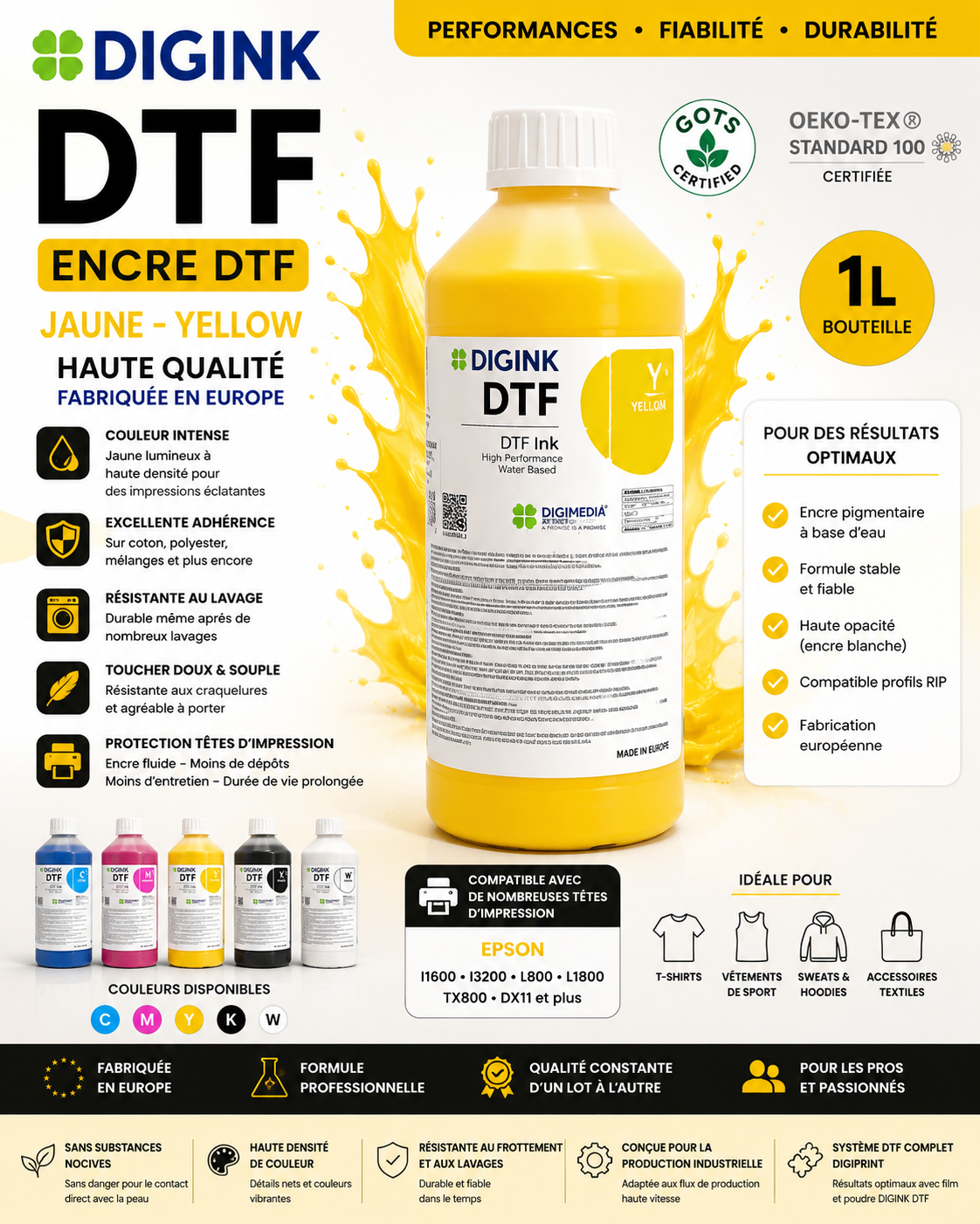 Encre DTF DIGINK – 1 L – Haute qualité – Fabriquée en Europe