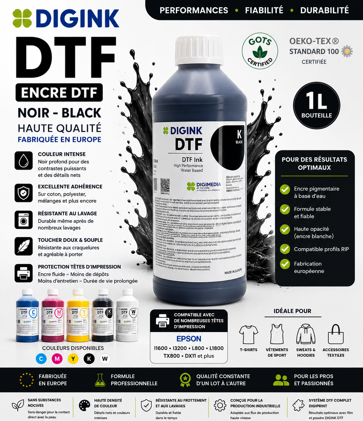 Encre DTF DIGINK – 1 L – Haute qualité – Fabriquée en Europe
