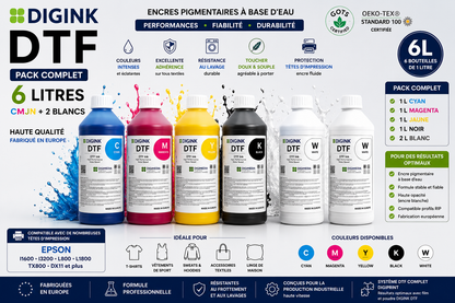 Pack Encres DTF DIGINK 6 L – CMJN + 2 Blancs – Haute qualité