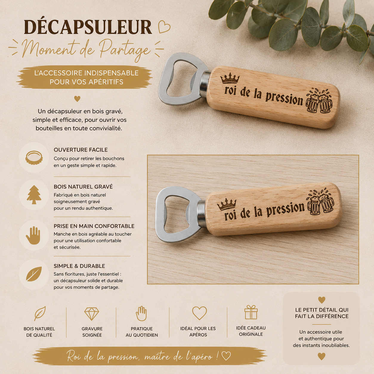 🍺 Décapsuleur en bois gravé – « Roi de la pression »
