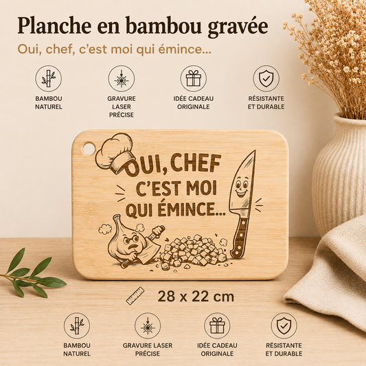 🧑‍🍳 Planche à découper en bambou gravée – 28 × 22 cm