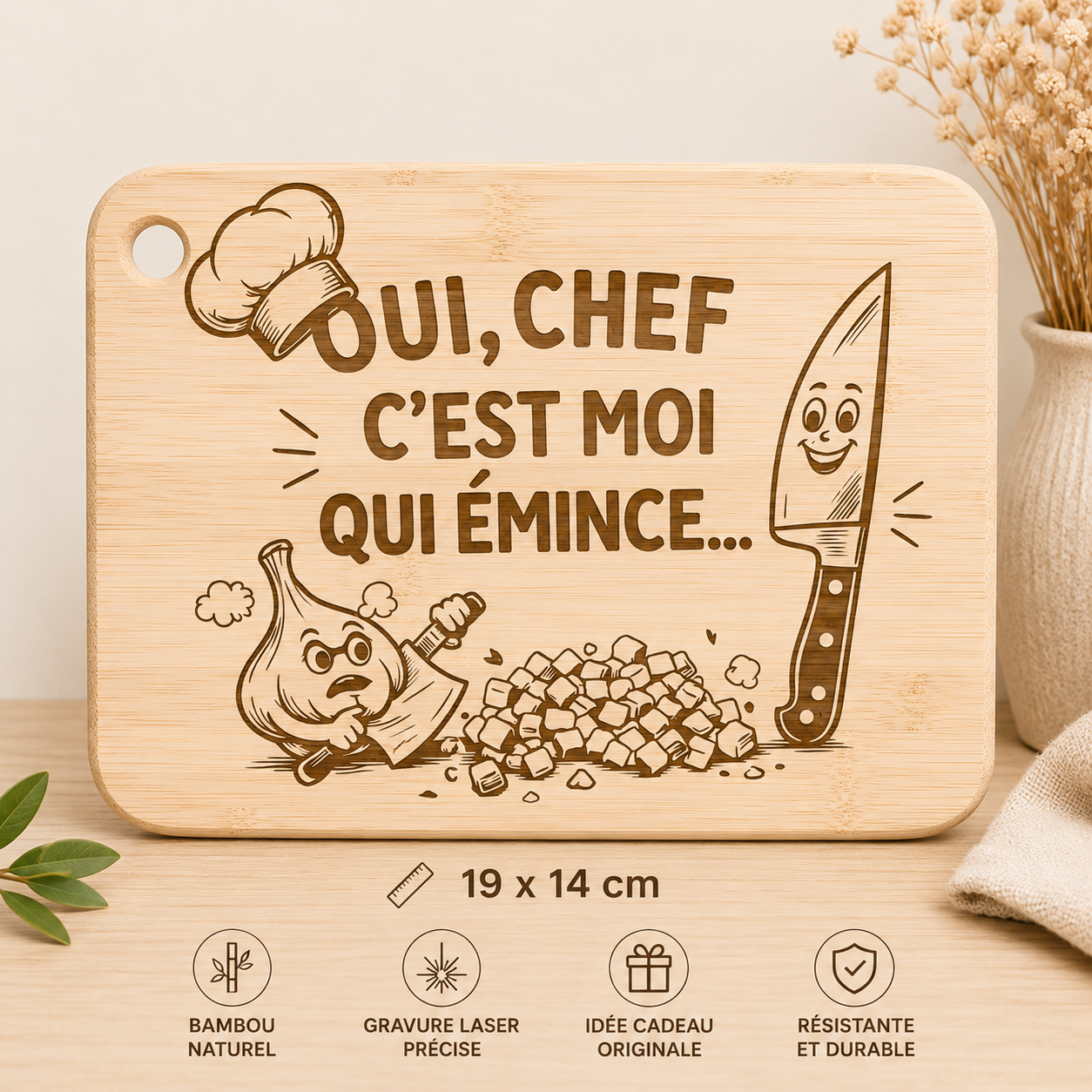 🧑‍🍳 Planche à découper humoristique en bambou – 19 × 14 cm