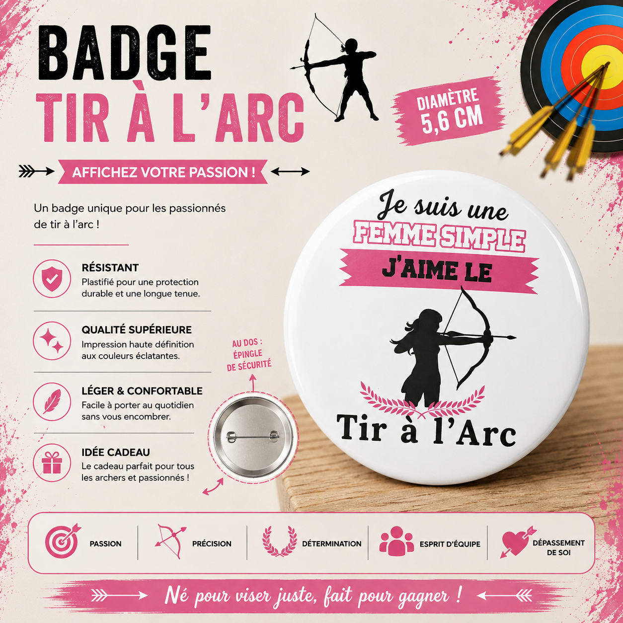 Glossy Laminated Button Badge 56mm - Archery Theme