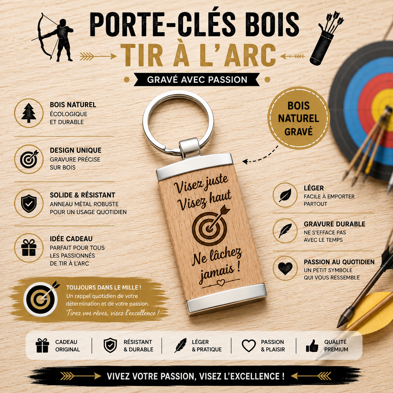 🏹 Engraved Wooden Keychain - "Archery" Collection (Choice of Shapes and Designs)