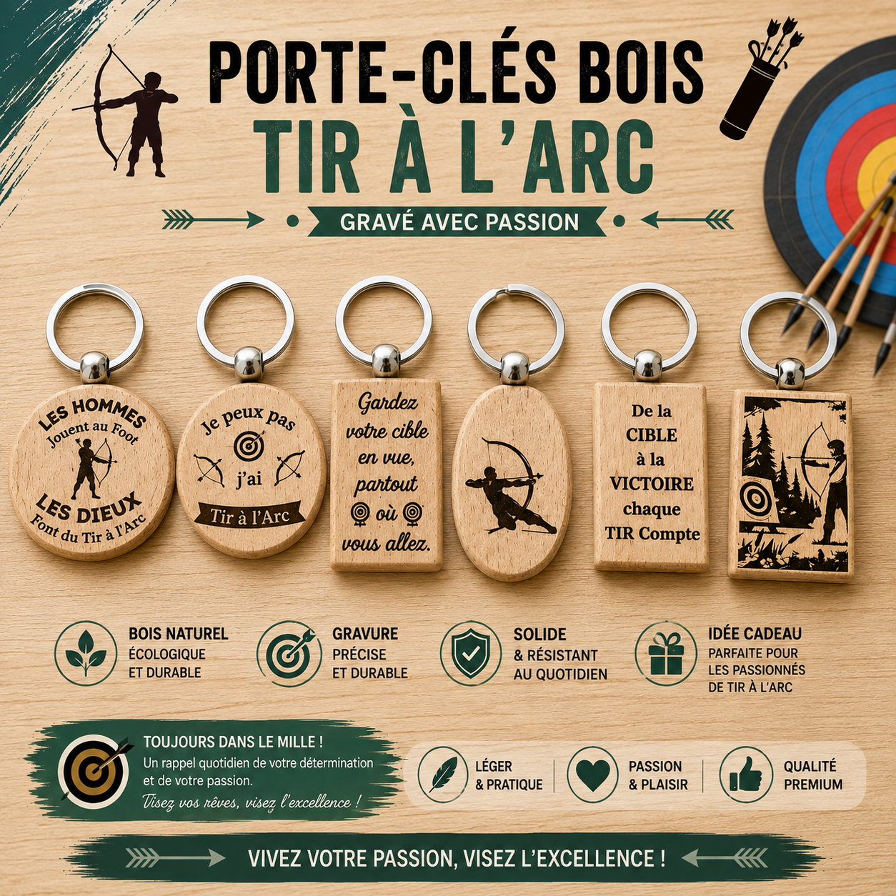 🏹 Engraved Wooden Keychain - "Archery" Collection (Choice of Shapes and Designs)