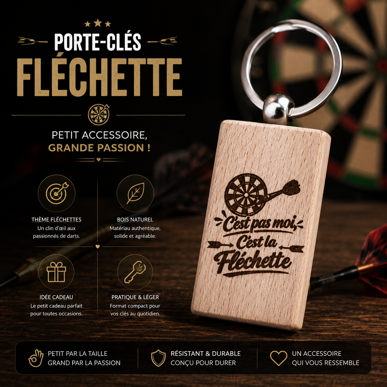 🎯 Engraved Wooden Keychain – Darts Theme