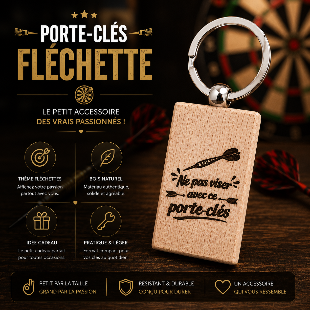 🎯 Engraved Wooden Keychain – Darts Theme