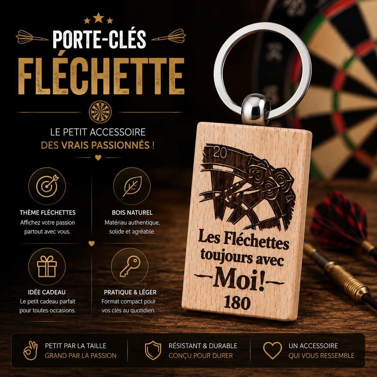 🎯 Engraved Wooden Keychain – Darts Theme