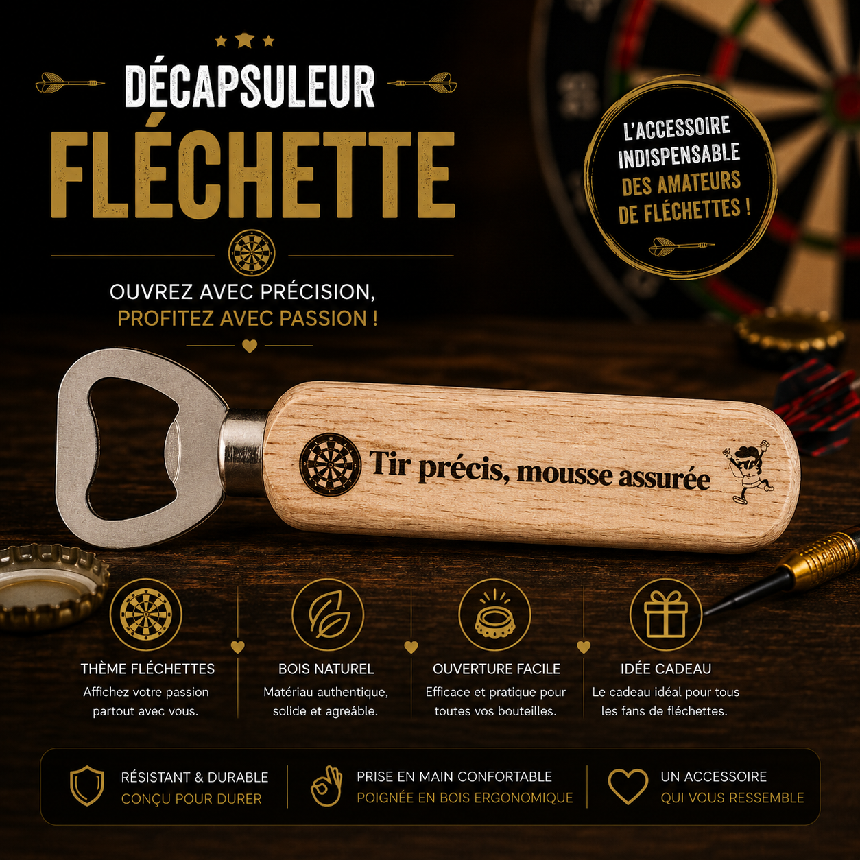 🍺 Engraved Wooden Bottle Opener – Darts Theme