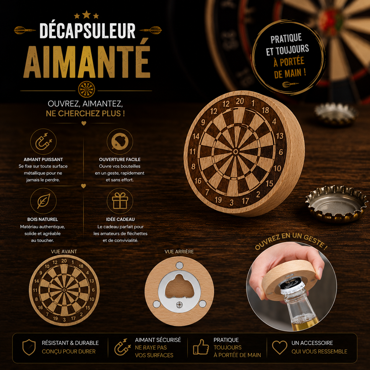 🍺 Wooden Magnetic Bottle Opener – Dart Board