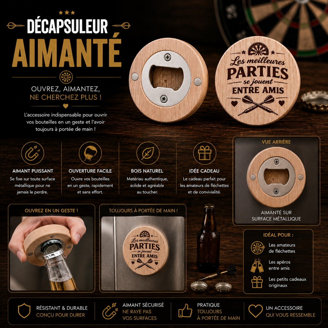 Magnetic wooden bottle opener – darts engraving